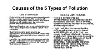 Causes of the 5 Types of Pollution
Land & Soil Pollution
• Polluted through leaking underground septic
tanks, sewage systems, the leaching of
harmful substances from landfill, and direct
discharge of waste water by industrial
plants into rivers and oceans
• Rain and flooding can bring pollutants from
other already polluted lands to soil at other
locations
• Over-farming and over-grazing by
agricultural activities causes the soil to lose
its nutrient value and structure causing soil
degradation
• Landfills can leach harmful substances into
the soil and water ways and create very bad
smells, and breeding grounds for rodents
that transmit diseases
Noise & Light Pollution
• Noise is considered an
environmental pollutant caused by
household sources, social events,
commercial and industrial activities,
and transportation
• Light pollution is caused by the
prolonged and excessive use of
artificial lights at night that can
cause health problems in humans
and disrupt natural cycles, including
wildlife activities. Sources of light
pollution include electronic
billboards, night sports grounds,
street and car lights, city parks,
public places, airports, and
residential areas
 