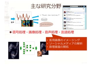 主な研究分野
l 情報伝送・ネットワーク制御
l 集積回路・組込みシステム・IoT
l 信号処理・画像処理・⾳声処理・⾔語処理
l インターフェース・センサ・拡張現実
l ⼈間の情報処理・知覚認知・脳信号処理
音声
 Push the bottom.
Push the bottom!
• 医⽤画像のイメージング
• ソーシャルメディアの解析
• 数理基盤の開拓
 