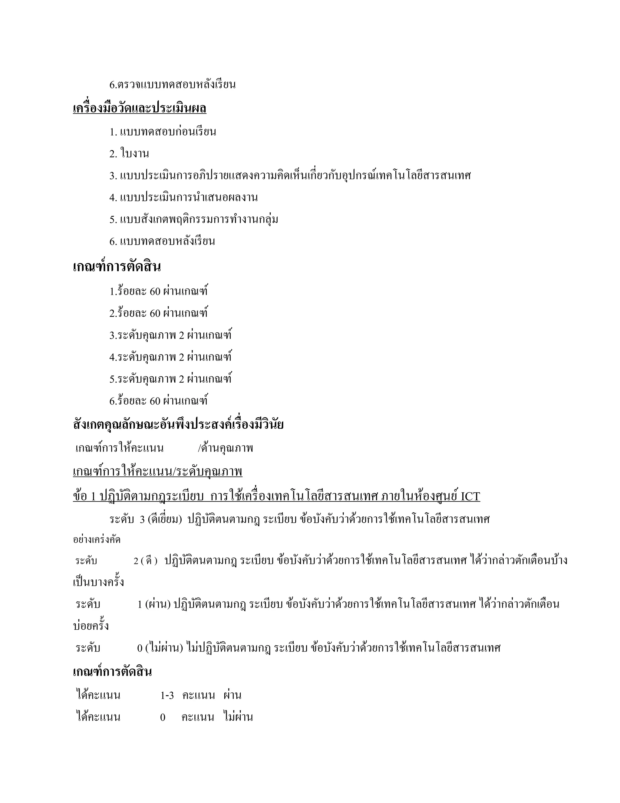 6.ตรวจแบบทดสอบหลังเรี ยน
เครื่องมือวัดและประเมินผล
       1. แบบทดสอบก่อนเรี ยน
       2. ใบงาน
       3. แบบประเมินการอภิปรายแสดงความคิดเห็นเกี่ยวกับอุปกรณ์เทคโนโลยีสารสนเทศ
       4. แบบประเมินการนําเสนอผลงาน
       5. แบบสังเกตพฤติกรรมการทํางานกลุ่ม
       6. แบบทดสอบหลังเรี ยน
เกณฑ์ การตัดสิ น
                      ่
       1.ร้อยละ 60 ผานเกณฑ์
                        ่
       2.ร้อยละ 60 ผานเกณฑ์
                              ่
       3.ระดับคุณภาพ 2 ผานเกณฑ์
                            ่
       4.ระดับคุณภาพ 2 ผานเกณฑ์
                          ่
       5.ระดับคุณภาพ 2 ผานเกณฑ์
                    ่
       6.ร้อยละ 60 ผานเกณฑ์
สั งเกตคุณลักษณะอันพึงประสงค์ เรื่องมีวนัย
                                       ิ
เกณฑ์การให้คะแนน          /ด้านคุณภาพ
เกณฑ์การให้คะแนน/ระดบคุณภาพ
                      ั
ขอ 1 ปฏิบติตามกฎระเบียบ การใช้เครื่ องเทคโนโลยีสารสนเทศ ภายในห้องศูนย์ ICT
  ้      ั
       ระดับ 3 (ดีเยยม) ปฏิบติตนตามกฎ ระเบียบ ข้อบังคับว่าด้วยการใช้เทคโนโลยีสารสนเทศ
                    ี่      ั
อยางเคร่งคด
  ่       ั
ระดับ                    ั                                                             ่
            2 ( ดี ) ปฏิบติตนตามกฎ ระเบียบ ข้อบังคับว่าด้วยการใช้เทคโนโลยีสารสนเทศ ได้วากล่าวตักเตือนบ้าง
เป็ นบางครั้ง
 ระดับ                                                                                   ่
              1 (ผ่าน) ปฏิบติตนตามกฎ ระเบียบ ข้อบังคับว่าด้วยการใช้เทคโนโลยีสารสนเทศ ได้วากล่าวตักเตือน
                           ั
บ่อยครั้ง
 ระดับ        0 (ไม่ผาน) ไม่ปฏิบติตนตามกฎ ระเบียบ ข้อบังคับว่าด้วยการใช้เทคโนโลยีสารสนเทศ
                     ่          ั
เกณฑ์การตัดสิน
ไดคะแนน
  ้                          ่
                  1-3 คะแนน ผาน
ไดคะแนน
    ้             0 คะแนน ไม่ผาน
                               ่
 