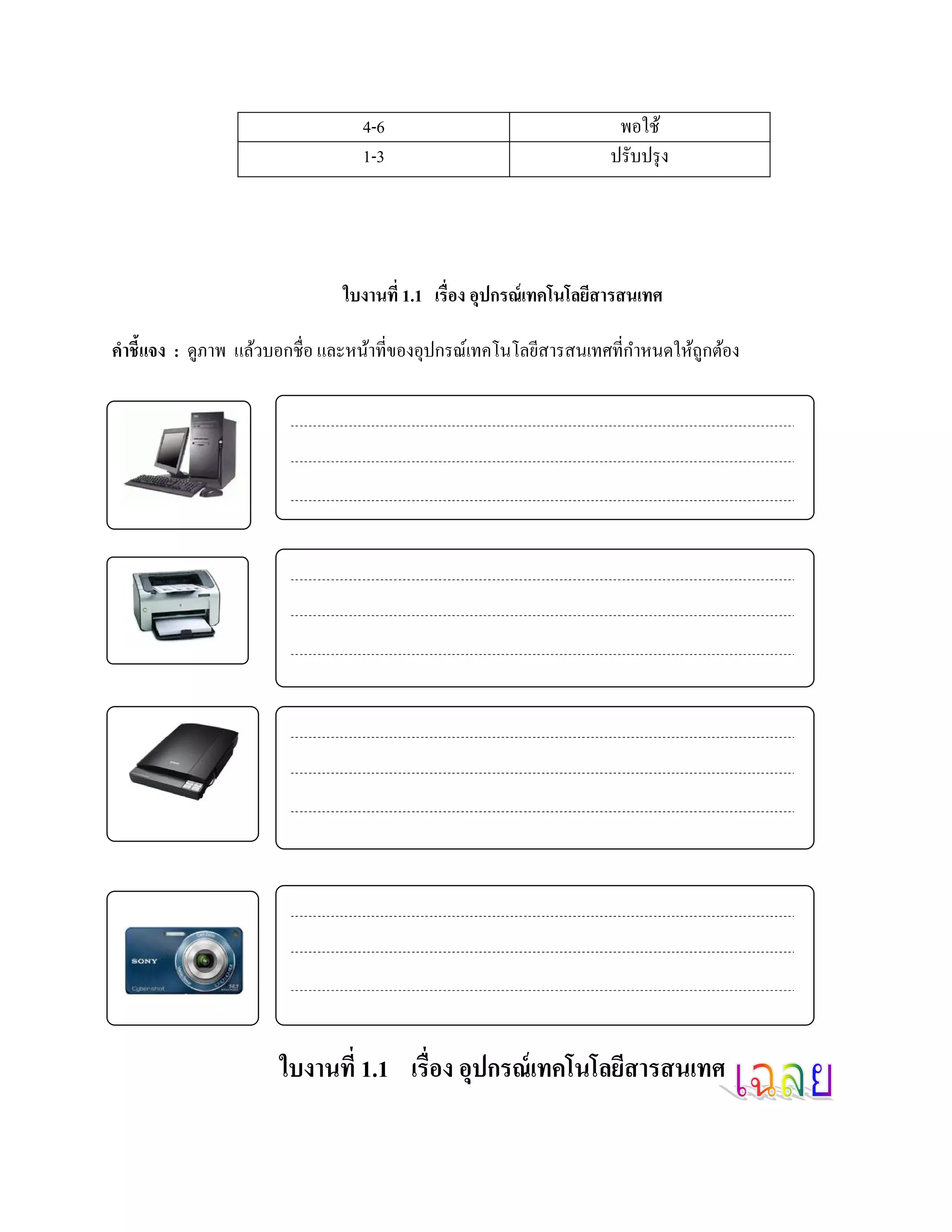 4-6                                พอใช้
                                 1-3                               ปรับปรุ ง




                               ใบงานที่ 1.1 เรื่อง อุปกรณ์เทคโนโลยสารสนเทศ
                                                                  ี

คําชี้แจง : ดูภาพ แล้วบอกชื่อ และหน้าที่ของอุปกรณ์เทคโนโลยีสารสนเทศที่กาหนดให้ถูกต้อง
                                                                       ํ




                      ใบงานที่ 1.1 เรื่อง อุปกรณ์ เทคโนโลยีสารสนเทศ
 