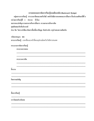 การออกแบบการจัดการเรียนรู้ แบบย้อนกลบ (Backward Design)
                                                                               ั
     กลุ่มสาระการเรียนร้ ู การงานอาชีพและเทคโนโลยี เทคโนโลยสารสนเทศและการสื่อสาร ช้ ันประถมศึกษาปีที่ 4
                                                                   ี
หน่ วยการเรียนรู้ ที่ 1 จํานวน ชั่ วโมง
สมรรถนะสํ าคัญ ความสามารถในการสื่ อสาร ความสามารถในการคิด
คุณลกษณะอนพงประสงค์
      ั       ั ึ
อ่ าน คิด วิเคราะห์ เขียน คัดสรรสื่ อเพือหาข้ อมูล จับประเด็น สรุ ป แสดงความคิดเห็น
                                        ่

รหัสมาตรฐาน 001
สาระการเรียนร้ ู : บอกชื่อและหน้าที่ของอุปกรณ์เทคโนโลยีสารสนเทศ

กระบวนการจัดการเรียนรู้
             กระบวนการสอน
             ..........................................................................................................................................................................
             ..........................................................................................................................................................................
             กระบวนการคิด
             ..........................................................................................................................................................................
             ..........................................................................................................................................................................
ชิ้นงาน
.......................................................................................................................................................................................
.......................................................................................................................................................................................
กจกรรมสําคัญ
  ิ
.......................................................................................................................................................................................
.......................................................................................................................................................................................

สื่ อการเรียนรู้
.......................................................................................................................................................................................
การวัดผลประเมินผล
.......................................................................................................................................................................................
.......................................................................................................................................................................................
 