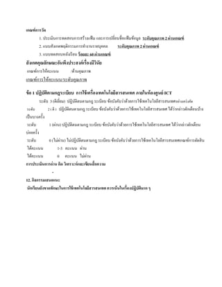 เกณฑ์การวดั
       1. ประเมินการทดสอบการสร้างแฟ้ ม และการเปลี่ยนชื่อแฟ้ มข้อมูล ระดับคุณภาพ 2 ผ่านเกณฑ์
       2. แบบสังเกตพฤติกรรมการทํางานรายบุคคล       ระดับคุณภาพ 2 ผ่านเกณฑ์
       3. แบบทดสอบหลังเรี ยน ร้ อยละ 60 ผ่านเกณฑ์
สั งเกตคุณลักษณะอันพึงประสงค์ เรื่องมีวนัย
                                       ิ
เกณฑ์การให้คะแนน           /ด้านคุณภาพ
เกณฑ์การให้คะแนน/ระดบคุณภาพ
                    ั

ข้อ 1 ปฏิบัติตามกฎระเบียบ การใช้ เครื่องเทคโนโลยีสารสนเทศ ภายในห้ องศู นย์ ICT
           ระดับ 3 (ดีเยยม) ปฏิบติตนตามกฎ ระเบียบ ข้อบังคับว่าด้วยการใช้เทคโนโลยีสารสนเทศ อยางเคร่งคด
                         ี่       ั                                                            ่     ั
 ระดับ                        ั                                                            ่
                2 ( ดี ) ปฏิบติตนตามกฎ ระเบียบ ข้อบังคับว่าด้วยการใช้เทคโนโลยีสารสนเทศ ได้วากล่าวตักเตือนบ้าง
เป็ นบางครั้ง
 ระดับ                                                                                       ่
                 1 (ผ่าน) ปฏิบติตนตามกฎ ระเบียบ ข้อบังคับว่าด้วยการใช้เทคโนโลยีสารสนเทศ ได้วากล่าวตักเตือน
                                ั
บ่อยครั้ง
 ระดับ           0 (ไม่ผาน) ไม่ปฏิบติตนตามกฎ ระเบียบ ข้อบังคับว่าด้วยการใช้เทคโนโลยีสารสนเทศเกณฑ์การตัดสิ น
                            ่       ั
 ไดคะแนน
     ้                  1-3 คะแนน ผาน ่
 ไดคะแนน
       ้                0 คะแนน ไม่ผาน  ่
การประเมินการอ่ าน คิด วิเคราะห์ และเขียนสื่ อความ
                    -
12. กจกรรมเสนอแนะ
         ิ
 นักเรียนยังขาดทักษะในการใช้ เทคโนโลยีสารสนเทศ ควรเน้ นในเรื่องปฏิบัติมาก ๆ
 