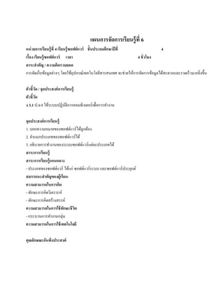 แผนการจัดการเรียนรู้ ที่ 6
หน่วยการเรียนร้ ู ที่ 4 เรียนรู้ซอฟต์ แวร์ ชั้ นประถมศึกษาปี ที่                4
เรื่อง เรียนรู้ซอฟต์ แวร์ เวลา                                     4 ชั่ วโมง
สาระสํ าคัญ / ความคิดรวบยอด
การจัดเก็บข้อมูลต่างๆ โดยใช้อุปกรณ์เทคโนโลยีสารสนเทศ จะช่วยใหการจดการขอมูลไดสะดวกและรวดเร็วมากยงข้ ึน
                                                                 ้ ั          ้  ้             ิ่

ตัวชี้วด / จุดประสงค์การเรียนร้ ู
         ั
ตัวชี้วด
       ั
ง 3.1 ป.4/4 ใช้ระบบปฏิบติการคอมพิวเตอร์ เพื่อการทํางาน
                         ั

จุดประสงค์การเรียนร้ ู
1. บอกความหมายของซอฟต์แวร์ ได้ถูกต้อง
2. จําแนกประเภทของซอฟต์แวร์ ได้
3. อธิ บายการทํางานของระบบซอฟต์แวร์ แต่ละประเภทได้
สาระการเรียนร้ ู
สาระการเรียนรู้ แกนกลาง
- ประเภทของซอฟต์แวร์ ไดแก่ ซอฟตแวร์ระบบ และซอฟตแวร์ประยกต์
                          ้     ์                  ์   ุ
สมรรถนะสําคัญของผ้ ูเรียน
ความสามารถในการคิด
- ทักษะการคิดวิเคราะห์
- ทักษะการคิดสร้างสรรค์
ความสามารถในการใช้ ทกษะชี วต
                       ั    ิ
- กระบวนการทํางานกลุ่ม
ความสามารถในการใช้ เทคโนโลยี

คุณลกษณะอนพงประสงค์
    ั    ั ึ
 