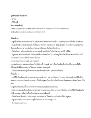 คุณลกษณะอนพงประสงค์
       ั          ั ึ
1. มีวนย ิ ั
2. ใฝ่ เรี ยนรู ้
กจกรรมการเรียนร้ ู
 ิ
(วธีสอนแบบบรรยาย และวธีสอนโดยเนนกระบวนการ : กระบวนการสร้างความคิดรวบยอด)
     ิ                ิ         ้
นกเรียนทาแบบทดสอบก่อนเรียน หน่วยการเรียนรู้ที่ 9
   ั         ํ

ชั่ วโมงที่ 1-2
1. ครูใหนกเรียนเล่นเกม “ใครตอบได้...แข่งกนตอบ” โดยแบ่งนกเรียนเป็น 4 กลุ่มเท่าๆ กน แลวใหแตละกลุ่มเล่นเกม
              ้ ั                                   ั             ั                        ั ้ ้ ่
โดยครู แสดงบัตรภาพอุปกรณ์ต่อพ่วงเครื่ องคอมพิวเตอร์ ต่างๆ เช่น เมาส์ ซี พียู แป้ นพิมพ์ ฯลฯ แล้วให้แต่ละกลุ่มเขียน
คําตอบลงในกระดาษ โดยกลุ่มใดตอบได้ถูกมากที่สุดและเร็ วที่สุด เป็นกลุ่มชนะ
                                                            ่
2. ให้นกเรี ยนช่วยกันบอกส่ วนประกอบของคอมพิวเตอร์ วามีอะไรบ้างจึงจะสามารถใช้งานได้จริ ง
        ั
3. ครู สนทนาซักถามนักเรี ยนว่า นักเรี ยนเคยใช้คอมพิวเตอร์ หรื อไม่ จากนั้นครู ให้นกเรี ยนที่มีประสบการณ์ในการใช้
                                                                                   ั
คอมพิวเตอร์ออกมาเล่าใหเ้ พื่อนฟังหนาช้ นเรียน
                                         ้ ั
ว่า เคยใช้คอมพิวเตอร์ ทาอะไร และใช้อย่างไร
                          ํ
4. ครู สรุ ปความหมายของคอมพิวเตอร์ ให้นกเรี ยนฟังว่า คอมพิวเตอร์ เป็ นเครื่ องมือหรื ออุปกรณ์คานวณทางไฟฟ้ า
                                                ั                                                 ํ
อิเล็กทรอนิกส์ที่สามารถทํางานได้ตามความต้องการของมนุษย์
5. ให้นกเรี ยนศึกษาความรู ้เพิ่มเติมเกี่ยวกับคอมพิวเตอร์ แบบต่าง ๆ จากหนงสือเรียน
          ั                                                                 ั
ชั่ วโมงที่ 3-5
1. ครู ให้นกเรี ยนพิจารณาถึงความแตกต่างของคอมพิวเตอร์ เช่น คอมพิวเตอร์ ส่วนบุคคล (PC) คอมพิวเตอร์โนตบุค (
                  ั                                                                                        ้ ๊
notebook ) และคอมพิวเตอร์ แบบพกพา ให้นกเรี ยนดู จากนั้นครู อธิ บายเกี่ยวกับรายละเอียดของคอมพิวเตอร์ จากหนังสื อ
                                                  ั
เรียน
2. ครู ให้นกเรี ยนศึกษาขั้นตอนการทํางานของคอมพิวเตอร์ จากหนังสื อเรี ยน
                    ั
                                                                    ั
3. นักเรี ยนดูแผนภูมิเปรี ยบเทียบการทํางานระหว่างคอมพิวเตอร์ กบมนุษย์ จากหนังสื อเรี ยน แล้วครู ให้นกเรี ยนร่ วมกัน
                                                                                                      ั
อภิปรายแสดงความคิดเห็นเกี่ยวกับการทํางานของคอมพิวเตอร์
            ั                                         ั
4. ให้นกเรี ยนทําใบงานที่ 1.1 เรื่ อง คอมพิวเตอร์ กบมนุษย์ เมื่อทําใบงานเสร็ จแล้วให้นาส่ งครู ตรวจ
                                                                                      ํ
5. ครู และนักเรี ยนร่ วมกันสรุ ปความรู ้ที่ได้ โดยมีแนวทางในการสรุ ป ดังนี้
- ประเภทของคอมพิวเตอร์
 