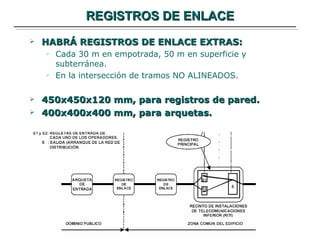 REGISTROS DE ENLACE HABRÁ REGISTROS DE ENLACE EXTRAS: Cada 30 m en empotrada, 50 m en superficie y subterránea. En la intersección de tramos NO ALINEADOS. 450x450x120 mm, para registros de pared. 400x400x400 mm, para arquetas. 