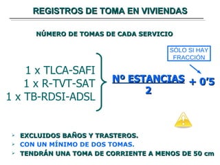 REGISTROS DE TOMA EN VIVIENDAS EXCLUIDOS BAÑOS Y TRASTEROS. CON UN MÍNIMO DE DOS TOMAS. TENDRÁN UNA TOMA DE CORRIENTE A MENOS DE 50 cm NÚMERO DE TOMAS DE CADA SERVICIO 1 x TLCA-SAFI 1 x R-TVT-SAT 1 x TB-RDSI-ADSL Nº ESTANCIAS 2 + 0’5 SÓLO SI HAY FRACCIÓN 