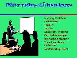 Learning Facilitator Collaborator Trainer Advisor Knowledge  Manager Curriculum designer Instructional designer   Team Coordinator Co-learner Assessment Specialist New roles of teachers 