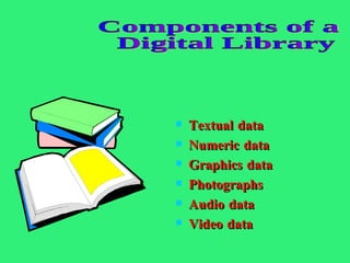 Textual data Numeric data Graphics data Photographs Audio data Video data Components of a Digital Library 