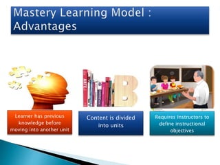 Learner has previous
knowledge before
moving into another unit
Content is divided
into units
Requires Instructors to
define instructional
objectives
 