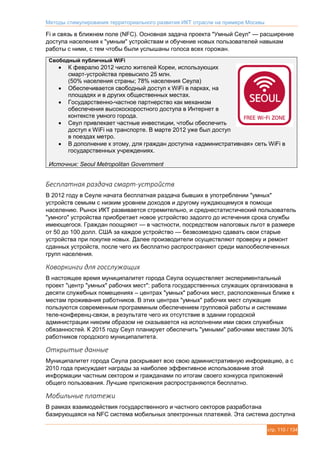 Методы стимулирования территориального развития ИКТ отрасли на примере Москвы
стр. 110 / 134
Fi и связь в ближнем поле (NFC). Основная задача проекта "Умный Сеул" — расширение
доступа населения к "умным" устройствам и обучение новых пользователей навыкам
работы с ними, с тем чтобы были услышаны голоса всех горожан.
Свободный публичный WiFi
 К февралю 2012 число жителей Кореи, использующих
смарт-устройства превысило 25 млн.
(50% населения страны; 78% населения Сеула)
 Обеспечивается свободный доступ к WiFi в парках, на
площадях и в других общественных местах.
 Государственно-частное партнерство как механизм
обеспечения высокоскоростного доступа в Интернет в
контексте умного города.
 Сеул привлекает частные инвестиции, чтобы обеспечить
доступ к WiFi на транспорте. В марте 2012 уже был доступ
в поездах метро.
 В дополнение к этому, для граждан доступна «административная» сеть WiFi в
государственных учреждениях.
Источник: Seoul Metropolitan Government
Бесплатная раздача смарт-устройств
В 2012 году в Сеуле начата бесплатная раздача бывших в употреблении "умных"
устройств семьям с низким уровнем доходов и другому нуждающемуся в помощи
населению. Рынок ИКТ развивается стремительно, и среднестатистический пользователь
"умного" устройства приобретает новое устройство задолго до истечения срока службы
имеющегося. Граждан поощряют — в частности, посредством налоговых льгот в размере
от 50 до 100 долл. США за каждое устройство — безвозмездно сдавать свои старые
устройства при покупке новых. Далее производители осуществляют проверку и ремонт
сданных устройств, после чего их бесплатно распространяют среди малообеспеченных
групп населения.
Коворкинги для госслужащих
В настоящее время муниципалитет города Сеула осуществляет экспериментальный
проект "центр "умных" рабочих мест": работа государственных служащих организована в
десяти служебных помещениях – центрах "умных" рабочих мест, расположенных ближе к
местам проживания работников. В этих центрах "умных" рабочих мест служащие
пользуются современным программным обеспечением групповой работы и системами
теле-конференц-связи, в результате чего их отсутствие в здании городской
администрации никоим образом не сказывается на исполнении ими своих служебных
обязанностей. К 2015 году Сеул планирует обеспечить "умными" рабочими местами 30%
работников городского муниципалитета.
Открытые данные
Муниципалитет города Сеула раскрывает всю свою административную информацию, а с
2010 года присуждает награды за наиболее эффективное использование этой
информации частным сектором и гражданами по итогам своего конкурса приложений
общего пользования. Лучшие приложения распространяются бесплатно.
Мобильные платежи
В рамках взаимодействия государственного и частного секторов разработана
базирующаяся на NFC система мобильных электронных платежей. Эта система доступна
 