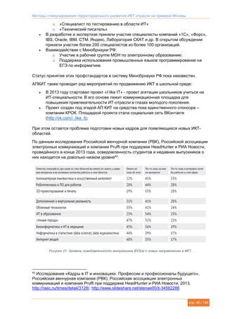 Методы стимулирования территориального развития ИКТ отрасли на примере Москвы
стр. 45 / 134
o «Специалист по тестированию в области ИТ»
o «Технический писатель»
 В разработке и экспертизе приняли участие специалисты компаний «1С», «Форс»,
IBS, Oracle, IBM, CTM, Яндекс, Лаборатория СКАТ и др. В открытом обсуждении
приняли участие более 200 специалистов из более 100 организаций.
 Взаимодействие с Минобрнауки РФ:
o Участие в рабочей группе МОН по электронному образованию.
o Поддержка использования промышленных языков программирования на
ЕГЭ по информатике.
Статус принятия этих профстандартов в систему Минобрнауки РФ пока неизвестен.
АПКИТ также проводит ряд мероприятий по продвижению ИКТ в школьной среде:
 В 2013 году стартовал проект «I like IT» - проект агитации школьников учиться на
ИТ-специальности. В его основе лежит коммуникационная площадка для
повышения привлекательности ИТ-отрасли в глазах молодого поколения.
 Проект создан под эгидой АП КИТ на средства пока единственного спонсора –
компании КРОК. Площадкой проекта стала социальная сеть ВКонтакте
(http://vk.com/i_like_it).
При этом остается проблема подготовки новых кадров для появляющихся новых ИКТ-
областей.
По данным исследования Российской венчурной компании (РВК), Российской ассоциации
электронных коммуникаций и компании Pruffi при поддержке HeadHunter и РИА Новости,
проведённого в конце 2013 года, осведомленность студентов и недавних выпускников о
них находится на довольно низком уровне42
:
Рисунок 21. Уровень осведомленности выпускников ВУЗов о новых направлениях в ИКТ.
42
Исследование «Кадры в IT и инновациях. Профессии и профессионалы будущего»,
Российская венчурная компания (РВК), Российская ассоциация электронных
коммуникаций и компания Pruffi при поддержке HeadHunter и РИА Новости, 2013,
http://raec.ru/times/detail/3128/, http://www.slideshare.net/elenae00/it-34562286
 