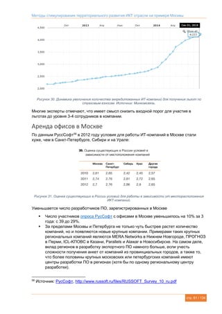 Методы стимулирования территориального развития ИКТ отрасли на примере Москвы
стр. 61 / 134
Рисунок 30. Динамика увеличения количества аккредитованных ИТ-компаний для получения льгот по
страховым взносам. Источник: Минкомсвязь.
Многие эксперты отмечают, что имеет смысл снизить входной порог для участия в
льготах до уровня 3-4 сотрудников в компании.
Аренда офисов в Москве
По данным РуссСофт58
в 2012 году условия для работы ИТ-компаний в Москве стали
хуже, чем в Санкт-Петербурге, Сибири и на Урале:
Рисунок 31. Оценка существующих в России условий для работы в зависимости от месторасположения
ИКТ-компаний.
Уменьшается число разработчиков ПО, зарегистрированных в Москве
 Число участников опроса РусСофт с офисами в Москве уменьшилось на 10% за 3
года: с 39 до 29%.
 За пределами Москвы и Петербурга не только чуть быстрее растет количество
компаний, но и появляются новые крупные компании. Примерами таких крупных
региональных компаний являются MERA Networks в Нижнем Новгороде, ПРОГНОЗ
в Перми, ICL-KПOВС в Казани, Parallels и Alawar в Новосибирске. На самом деле,
вклад регионов в разработку экспортного ПО намного больше, если учесть
сложности получения анкет от компаний из провинциальных городов, а также то,
что более половины крупных московских или петербургских компаний имеют
центры разработки ПО в регионах (хотя бы по одному региональному центру
разработки).
58
Источник: РусСофт, http://www.russoft.ru/files/RUSSOFT_Survey_10_ru.pdf
 