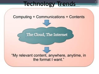 Technology Trends
                                              5




Computing + Communications + Contents




“My relevant content, anywhere, anytime, in
             the format I want.”
 