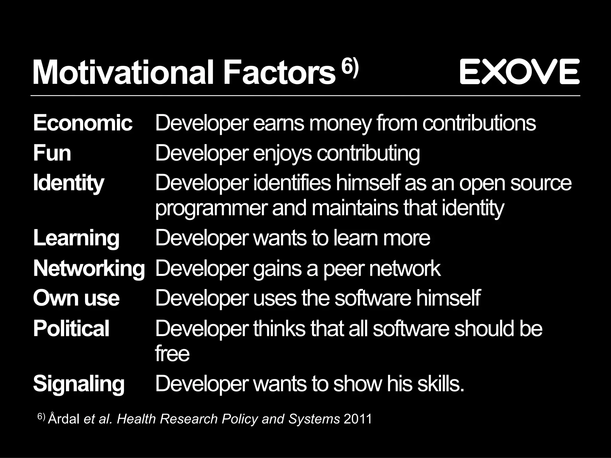 Motivational Factors6)
Economic Developer earns money from contributions
Fun Developer enjoys contributing
Identity Developer identifies himself as an open source
programmer and maintains that identity
Learning Developer wants to learn more
Networking Developer gains a peer network
Own use Developer uses the software himself
Political Developer thinks that all software should be
free
Signaling Developer wants to show his skills.
6) Årdal et al. Health Research Policy and Systems 2011
 