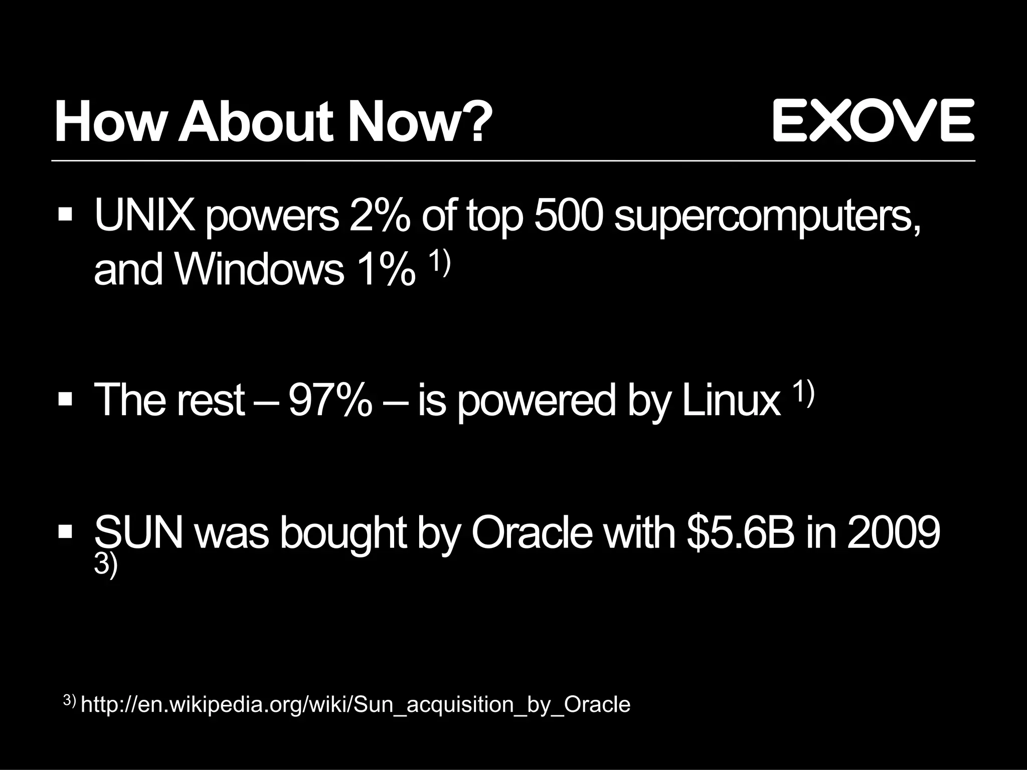 How About Now?
§  UNIX powers 2% of top 500 supercomputers,
and Windows 1% 1)
§  The rest – 97% – is powered by Linux 1)
§  SUN was bought by Oracle with $5.6B in 2009
3)
3) http://en.wikipedia.org/wiki/Sun_acquisition_by_Oracle
 
