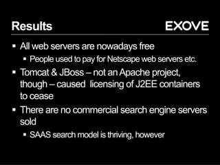 Results
§  All web servers are nowadays free
§  People used to pay for Netscape web servers etc.
§  Tomcat & JBoss – not anApache project,
though – caused licensing of J2EE containers
to cease
§  There are no commercial search engine servers
sold
§  SAAS search model is thriving, however
 