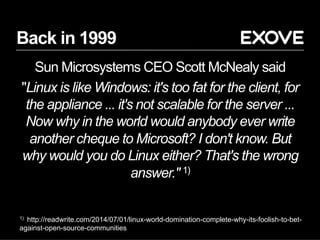 Back in 1999
Sun Microsystems CEO Scott McNealy said
"Linux is like Windows: it's too fat for the client, for
the appliance ... it's not scalable for the server ...
Now why in the world would anybody ever write
another cheque to Microsoft? I don't know. But
why would you do Linux either? That's the wrong
answer." 1)
1) http://readwrite.com/2014/07/01/linux-world-domination-complete-why-its-foolish-to-bet-
against-open-source-communities
 