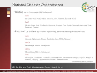 National Disaster Observatories Existing  (run by Governments, GRIP or Partners) Proposed or underway  (countries implementing, interested or having Disaster Database) Asia Sri Lanka, Tamil Nadu, Orissa, Indonesia, Iran, Maldives, Thailand, Nepal LAC Mexico, Costa Rica, El Salvador, Colombia, Ecuador, Peru, Bolivia, Venezuela, Argentina, Chile, Paraguay, Panama Asia Armenia, Afghanistan, Bhutan, Cambodia, Laos, PNG*, Vietnam* Africa Mozambique, Malawi, Madagascar LAC Nicaragua*, Guatemala*, Honduras*, Jamaica*, Cuba, Trinidad and Tobago*, Guyana*, Antigua & Barbuda, Uruguay, Organization of Eastern Caribbean States  * Have national disaster databases Africa Mozambique, Malawi, Madagascar 