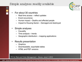 Simple analyses readily available For about 30 countries Real time access – reflect updates Event occurrence Human impact – Deaths and affected people Impact to Housing Sector – Damaged and destroyed Simple analyses Causality Time analysis – trends Geographic distribution – mapping applications Results presentation Graphics Downloadable, exportable tables HTML and PDF versions 