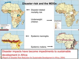 Disaster-related mortality risk Underweight children Epidemic meningitis Epidemic malaria Source: Columbia University Disaster risk and the MDGs: Disaster impacts have become impediments to sustainable development in Africa  (Report on Disaster Risk Reduction for Sustainable Development in Africa, 2004) 