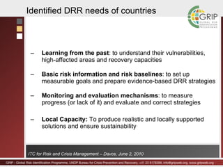 Learning from the past : to understand their vulnerabilities, high-affected areas and recovery capacities Basic risk information and risk baselines : to set up measurable goals and prepare evidence-based DRR strategies Monitoring and evaluation mechanisms : to measure progress (or lack of it) and evaluate and correct strategies Local Capacity:  To produce realistic and locally supported solutions and ensure sustainability Identified DRR needs of countries 