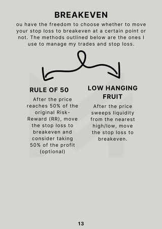 13
BREAKEVEN
ou have the freedom to choose whether to move
your stop loss to breakeven at a certain point or
not. The methods outlined below are the ones I
use to manage my trades and stop loss.
RULE OF 50 LOW HANGING
FRUIT
After the price
reaches 50% of the
original Risk-
Reward (RR), move
the stop loss to
breakeven and
consider taking
50% of the profit
(optional)
After the price
sweeps liquidity
from the nearest
high/low, move
the stop loss to
breakeven.
 