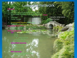 Lesmurdie  network Software Inspiration MS Office-Word Excel PowerPoint Producer Movie maker, Audacity - Video audio Paintshop Pro Click View Career Voyager Downloadable programs  Photostory, Producer Learning Area drive-   downloaded resources Learning Objects, Ed Class, Web links, Lessons, programs Online resources DET  CMIS,  Portal online tutorials Learning Objects Teachers Have class Subscribed resources World Book Online Macquarie Net Atomic learning EdClass Web resources Tutorials, information, Wiki, Blogs,Podcasts Tools Interactive white boards Digital Camera Headsets Tablets 