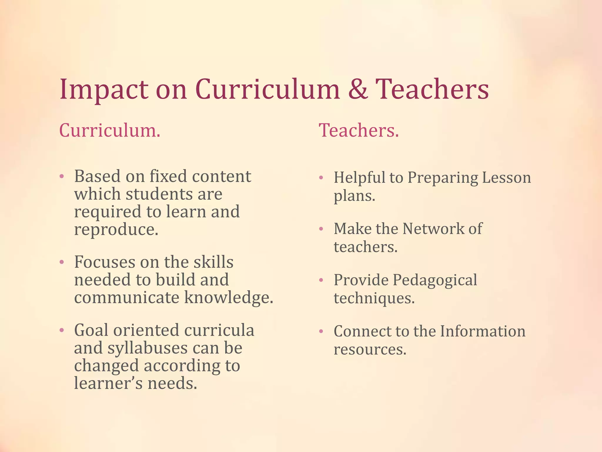 Impact on Curriculum & Teachers
Curriculum.
• Based on fixed content
which students are
required to learn and
reproduce.
• Focuses on the skills
needed to build and
communicate knowledge.
• Goal oriented curricula
and syllabuses can be
changed according to
learner’s needs.
Teachers.
• Helpful to Preparing Lesson
plans.
• Make the Network of
teachers.
• Provide Pedagogical
techniques.
• Connect to the Information
resources.
 