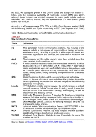 By 2009, the aggregate growth in the United States and Europe will exceed $1
billion, with the increasing availability of multimedia content (TMC Net, 2006).
Although these numbers are modest compared to major media outlets, such as
television, radio, and the Internet, they are representative of a trend toward growth
for this new medium.

According to a European survey, 56%, 55%, and 46% of mobile users received SMS
ads in Germany, the UK, and Spain, respectively, in 2003 (van Tongeren et al., 2004).

Table 1 below, summarizes key terms of mobile communication technology:
Table 2.0
Key mobile advertising terms
-----------------------------------------------------------------------------------------------------------------
Terms             Definitions
-----------------------------------------------------------------------------------------------------------------
3G                Third-generation mobile communication systems. Key features of 3G
                  systems include a high degree of commonality of design worldwide,
                  worldwide roaming capability, support for a wide range of Internet and
                  multimedia applications and services, and data rates in excess of 144
                  kbps.
Alert             Short message sent to mobile users to keep them updated about the
                  news, weather, traffic conditions, etc.
FeliCa            A multi-functional electronic wallet with contactless electronic IC chips
                  developed by Sony. In combination with NTT DoCoMo's “i-appli” (Java-
                  based applications), users can use FeliCa for diverse transactions, such
                  as commuter pass, electronic money, membership card, and movie
                  tickets, among others, simply by waving their phone in front of enabled
                  sensors.
GPS               Global Positioning System. A U.S. government-owned technology
                  based on the use of three or more satellites (triangulation) to provide
                  24-hour positioning information that indicates the precise location of any
                  compatible receiver unit.
i-mode            NTT DoCoMo's mobile Internet service. Its portal manages a critical
                  mass of numerous “official” i-mode sites, including e-mail, transaction
                  services such as ticket reservations, banking, and shopping, as well as
                  infotainment and directory service.
MMS               Multimedia Messaging Services. A standard for telephony messaging
                  systems that allow sending messages that include multimedia objects,
                  such as images, audio, video, or rich text, in addition to text messages.
SMS               Short Message Service. A service for sending messages of up to 160
                  characters to mobile phones.
UMTS              Universal Mobile Telecommunications System. UMTS/WCDMA is the
                  3G wideband standard jointly developed by Europe and Japan.
WAP               Wireless Applications Protocol. De facto wireless Internet standard
                  capable of running on top of almost any bearer service.
WCDMA             Wideband Code Division Multiple Access. Essentially the same 3G
                  standard as UMTS.
-----------------------------------------------------------------------------------------------------------------
Source: Based on Okazaki (2006), Sadeh (2002), NTT DoCoMo (2003).
 