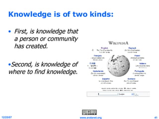 Knowledge is of two kinds: First, is knowledge that a person or community has created.  Second, is knowledge of where to find knowledge. 