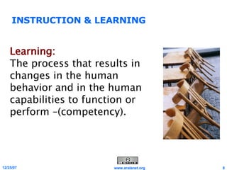 INSTRUCTION & LEARNING Learning:   The process that results in changes in the human behavior and in the human capabilities to function or perform –(competency). 