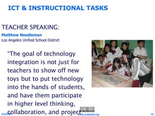 TEACHER SPEAKING: Matthew Needleman Los Angeles Unified School District “ The goal of technology integration is not just for teachers to show off new toys but to put technology into the hands of students, and have them participate in higher level thinking, collaboration, and project based learning.” ICT & INSTRUCTIONAL TASKS 