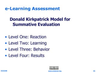 e-Learning Assessment Donald Kirkpatrick Model for Summative Evaluation Level One: Reaction Level Two: Learning Level Three: Behavior Level Four: Results 
