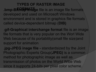 TYPES OF RASTER IMAGE
FORMATS.bmp-Bitmap image file is an image file formats
developed and used on Microsoft Windows
environment and is stored in graphics file formats
called device-dependent bitmap (DIB)
.gif-Graphical interchange format file is an image
file formats that is very popular on the Worl Wide
Web because of its portability(small file size)and
support for animation
.jpg-JPEG inage file - standardsized by the Joint
Photographic Experts Group(JPEG) is a common
method for photographic image as well as
transmission of photos on the World Wibe Web
since it supports 24-bits per pixel color scheme.
 