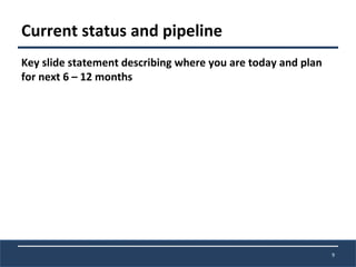 Current status and pipeline Key slide statement describing where you are today and plan for next 6 – 12 months 