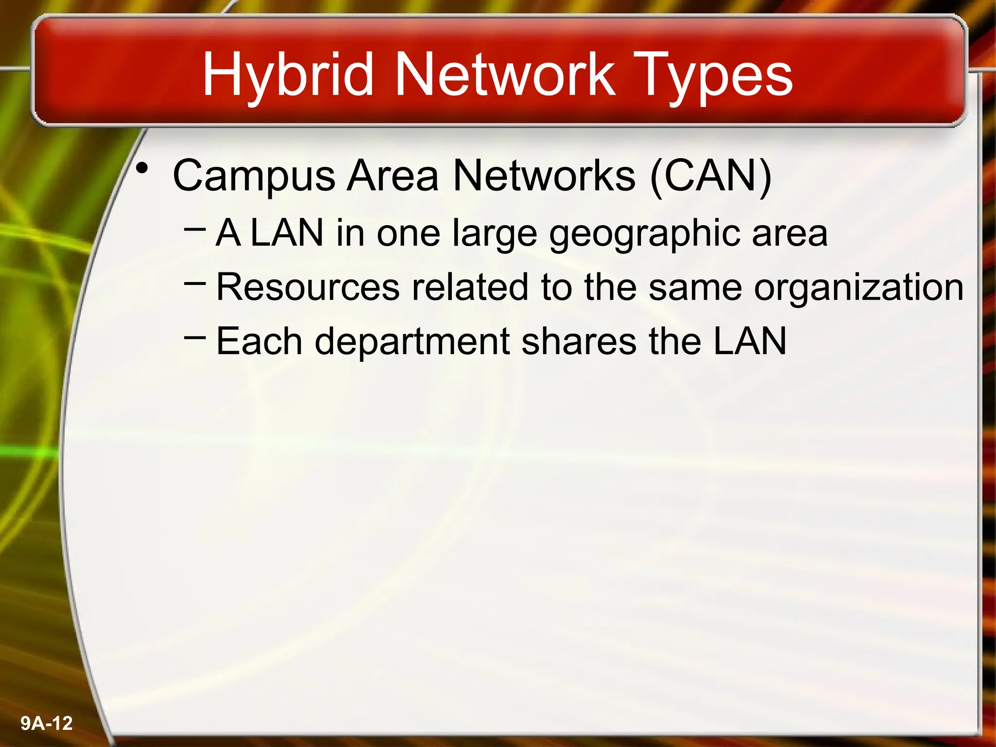 9A-12
Hybrid Network Types
• Campus Area Networks (CAN)
– A LAN in one large geographic area
– Resources related to the same organization
– Each department shares the LAN
 