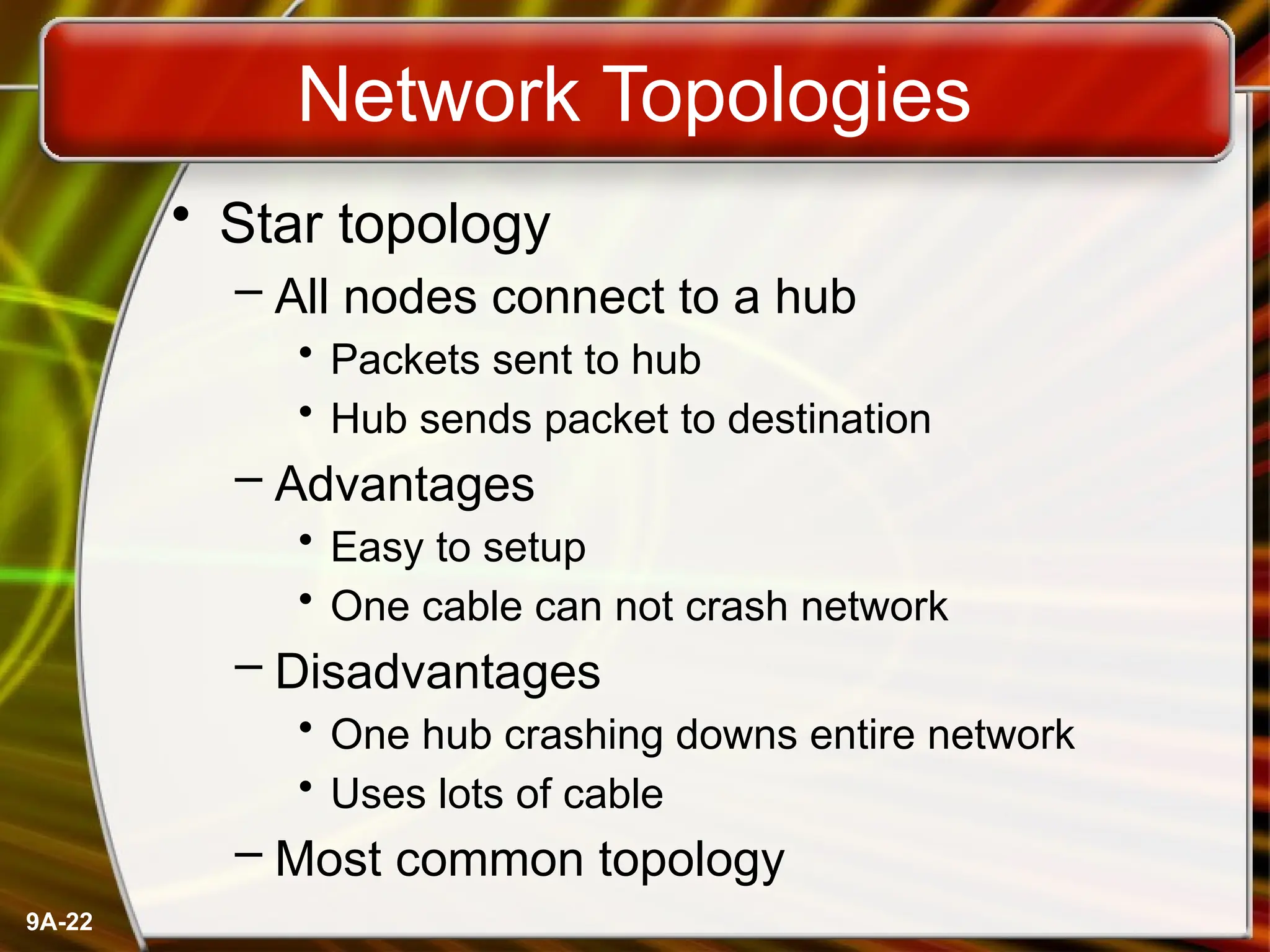9A-22
Network Topologies
• Star topology
– All nodes connect to a hub
• Packets sent to hub
• Hub sends packet to destination
– Advantages
• Easy to setup
• One cable can not crash network
– Disadvantages
• One hub crashing downs entire network
• Uses lots of cable
– Most common topology
 