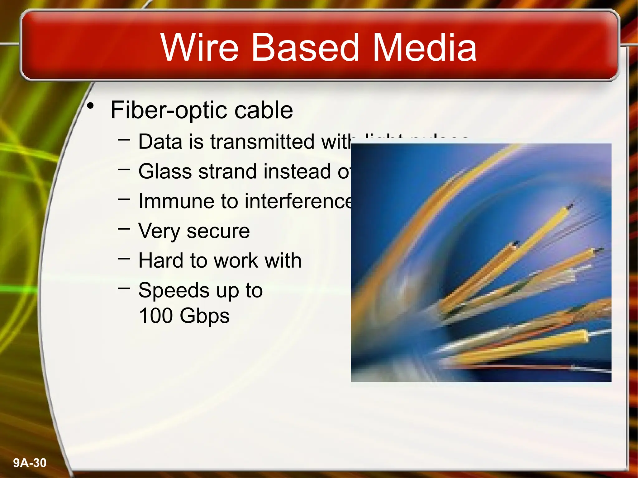 9A-30
Wire Based Media
• Fiber-optic cable
– Data is transmitted with light pulses
– Glass strand instead of cable
– Immune to interference
– Very secure
– Hard to work with
– Speeds up to
100 Gbps
 