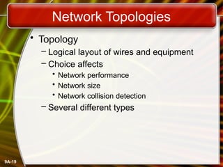 9A-19
Network Topologies
• Topology
– Logical layout of wires and equipment
– Choice affects
• Network performance
• Network size
• Network collision detection
– Several different types
 