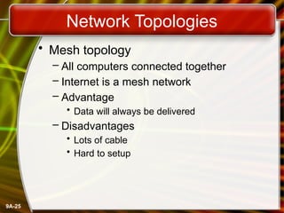 9A-25
Network Topologies
• Mesh topology
– All computers connected together
– Internet is a mesh network
– Advantage
• Data will always be delivered
– Disadvantages
• Lots of cable
• Hard to setup
 