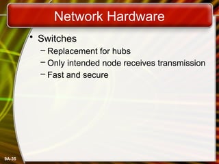 9A-35
Network Hardware
• Switches
– Replacement for hubs
– Only intended node receives transmission
– Fast and secure
 