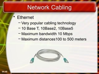 9A-40
Network Cabling
• Ethernet
– Very popular cabling technology
– 10 Base T, 10Base2, 10Base5
– Maximum bandwidth 10 Mbps
– Maximum distances100 to 500 meters
 