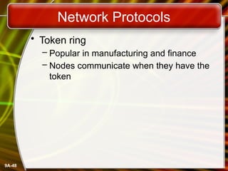 9A-48
Network Protocols
• Token ring
– Popular in manufacturing and finance
– Nodes communicate when they have the
token
 