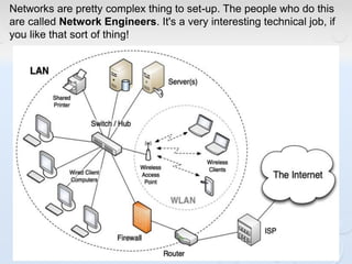 Networks are pretty complex thing to set-up. The people who do this
are called Network Engineers. It's a very interesting technical job, if
you like that sort of thing!
 
