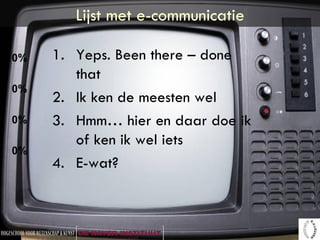 Lijst met e-communicatie Yeps. Been there – done that Ik ken de meesten wel Hmm… hier en daar doe ik of ken ik wel iets E-wat? 