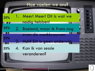 Hoe voelen we ons? Meer! Meer! Dit is wat we nodig hebben! Boeiend, maar ik frons nog even de wenkbrauwen Huh? Dit is geen onderwijs Kan ik van sessie veranderen? 