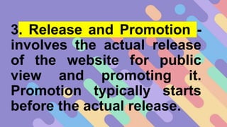 3. Release and Promotion -
involves the actual release
of the website for public
view and promoting it.
Promotion typically starts
before the actual release.
 