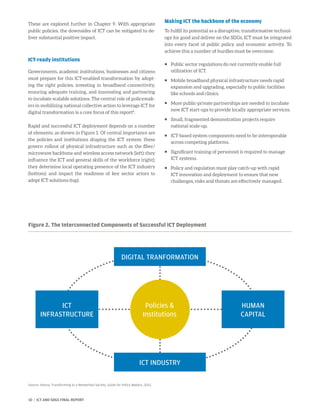 These are explored further in Chapter 9. With appropriate
public policies, the downsides of ICT can be mitigated to de-
liver substantial positive impact.
ICT-ready institutions
Governments, academic institutions, businesses and citizens
must prepare for this ICT-enabled transformation by adopt-
ing the right policies, investing in broadband connectivity,
ensuring adequate training, and innovating and partnering
to incubate scalable solutions. The central role of policymak-
ers in mobilizing national collective action to leverage ICT for
digital transformation is a core focus of this report8
.
Rapid and successful ICT deployment depends on a number
of elements, as shown in Figure 1. Of central importance are
the policies and institutions shaping the ICT system: these
govern rollout of physical infrastructure such as the fiber/
microwave backbone and wireless access network (left); they
influence the ICT and general skills of the workforce (right);
they determine local operating presence of the ICT industry
(bottom); and impact the readiness of key sector actors to
adopt ICT solutions (top).
Making ICT the backbone of the economy
To fulfill its potential as a disruptive, transformative technol-
ogy for good and deliver on the SDGs, ICT must be integrated
into every facet of public policy and economic activity. To
achieve this a number of hurdles must be overcome:
ƒƒ Public sector regulations do not currently enable full
utilization of ICT.
ƒƒ Mobile broadband physical infrastructure needs rapid
expansion and upgrading, especially to public facilities
like schools and clinics.
ƒƒ More public-private partnerships are needed to incubate
new ICT start-ups to provide locally appropriate services.
ƒƒ Small, fragmented demonstration projects require
national scale-up.
ƒƒ ICT-based system components need to be interoperable
across competing platforms.
ƒƒ Significant training of personnel is required to manage
ICT systems.
ƒƒ Policy and regulation must play catch-up with rapid
ICT innovation and deployment to ensure that new
challenges, risks and threats are effectively managed.
ICT INDUSTRY
DIGITAL TRANFORMATION
HUMAN
CAPITAL
ICT
INFRASTRUCTURE
Policies 
Institutions
Figure 2. The Interconnected Components of Successful ICT Deployment
Source: Hanna, Transforming to a Networked Society, Guide for Policy Makers, 2015.
10 | ICT AND SDGS FINAL REPORT
 