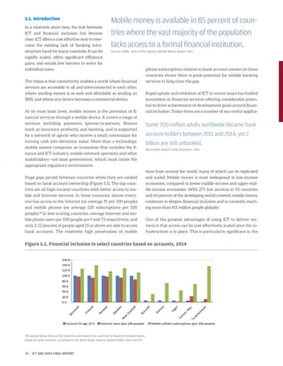 5.1. Introduction
In a relatively short time, the link between
ICT and financial inclusion has become
clear: ICT offers a cost-effective way to over-
come the existing lack of banking infra-
structure faced by many countries. It can be
rapidly scaled, offers significant efficiency
gains, and entails low barriers to entry for
individual users.
The vision is that connectivity enables a world where financial
services are accessible to all and interconnected to each other,
where sending money is as easy and affordable as sending an
SMS, and where any device becomes a commercial device.
At its most basic level, mobile money is the provision of fi-
nancial services through a mobile device. It covers a range of
services including payments (person-to-person), finance
(such as insurance products), and banking, and is supported
by a network of agents who receive a small commission for
turning cash into electronic value. More than a technology,
mobile money comprises an ecosystem that includes the fi-
nance and ICT industry, mobile network operators and other
stakeholders—not least government, which must create the
appropriate regulatory environment.
Huge gaps persist between countries when they are ranked
based on bank account ownership (Figure 5.1). The top coun-
tries are all high-income countries with better access to mo-
bile and Internet services. In these countries almost every-
one has access to the Internet (on average 91 per 100 people)
and mobile phones (on average 120 subscriptions per 100
people).58
In low-scoring countries, average Internet and mo-
bile phone users per 100 people are 9 and 73 respectively, and
only 2-12 percent of people aged 15 or above are able to access
bank accounts. The relatively high penetration of mobile
phone subscriptions relative to bank account owners in these
countries shows there is great potential for mobile banking
services to help close the gap.
Rapid uptake and evolution of ICT in recent years has fuelled
innovation in financial services offering considerable poten-
tial to drive achievement of development goals around finan-
cial inclusion. Today there are a number of successful applica-
tions from around the world, many of which can be replicated
and scaled. Mobile money is most widespread in low-income
economies, compared to lower-middle-income and upper-mid-
dle-income economies. With 271 live services in 93 countries
and 64 percent of the developing world covered, mobile money
continues to deepen financial inclusion and is currently reach-
ing more than 411 million people globally.
One of the greatest advantages of using ICT to deliver ser-
vices is that access can be cost effectively scaled once the in-
frastructure is in place. This is particularly significant in the
Mobile money is available in 85 percent of coun-
tries where the vast majority of the population
lacks access to a formal financial institution.
Source: GSMA, State of the Industry Mobile Money Report 2015
Some 700 million adults worldwide became bank
account holders between 2011 and 2014, yet 2
billion are still unbanked.
World Bank Global Findex Database, 2014
Figure 5.1. Financial inclusion in select countries based on accounts, 2014
This graph shows the top five countries and lowest five countries in financial inclusion levels,
based on bank accounts, according to the World Bank. Source: Global Findex 2014 and ITU.
33 | ICT AND SDGS FINAL REPORT
 
