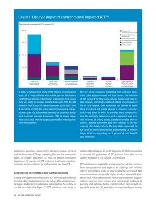 appliances, growing connectivity between people, devices
and the Internet-of-Things is paving the way for new para-
digms in energy efficiency, as well as greater consumer
awareness. Of course the ICT industry itself must also con-
tinuously improve its energy performance (see Case 8.1.).
Accelerating the shift to a low-carbon economy
Among the biggest contributions of ICT is its unique potential
to enable other industrial sectors to reduce their environmen-
tal impact and improve sustainable urbanization. According to
the Ericsson Mobility Report,242
ICT solutions could help to
reduce GHG emissions by up to 15 percent by 2030, amounting
to around 10 gigatonnes of CO2
e—more than the current
carbon footprint of the EU and US combined.
ICT solutions are applicable across all sectors of the economy,
from transportation and logistics to buildings and utilities,
where innovations such as smart metering and smart grid
communications can enable higher levels of renewable elec-
tricity and reduced household energy consumption. In appli-
cations ranging from homes and commercial buildings to
parking and lighting, digital transformation can support en-
ergy efficiency and CO2
reduction through intelligent sensors
Case 8.1: Life-cyle impact of environmental impact of ICT241
In 2014, a national-level study of the lifecycle environmental
impact of ICT was published with mobile operator TeliaSonera
and KTH Royal Institute of Technology in Stockholm. This unique
study was based on available statistical data from 2010. Results
show that the ICT sector in Sweden consumed about 4,600 GWh
of electricity in 2010. The main electricity-consuming catego-
ries were user PCs, data centers (servers) and other user equip-
ment (customer premises equipment, CPE), as shown above.
These areas also offer the largest potential for reducing elec-
tricity consumption.
The ICT sector comprises everything from end-user equip-
ment to the access networks and data centers. The definition
of ‘ICT network’ for this study included mobile and fixed-ac-
cess networks (including broadband) to data transmission and
the IP core network. User equipment was defined as every-
thing from fixed and mobile phones to modems, computers
and set-top boxes for IPTV. To provide a more complete pic-
ture, the enterprise networks as well as operators’ own activ-
ities in terms of offices, stores, travel and vehicles were in-
cluded. Lifecycle assessment data were collected for the vast
majority of included products. The total GHG emissions of the
ICT sector in Sweden amounted to approximately 1.5 Mtonnes
CO2
ein 2010, corresponding to 1.2 percent of total Swedish
GHG emissions.
78 | ICT AND SDGS FINAL REPORT
 